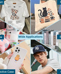 Collage showing DTF Transfer Film Roll 13 Inch By 328 Feet Double Sided Glossy Clear Pretreated PET Heat Transfer on various items.