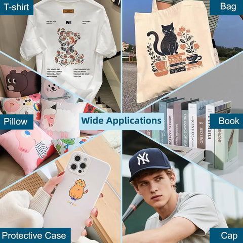 Collage showing DTF Transfer Film Roll 13 Inch By 328 Feet Double Sided Glossy Clear Pretreated PET Heat Transfer on various items.