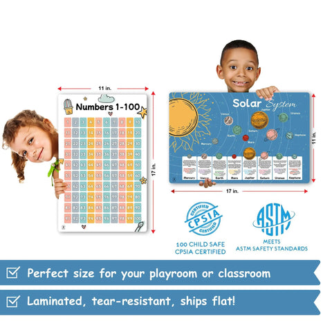 Boho Themed 26 Poster Set For Kids showing numbers 1-100 and solar system, laminated 17x11 educational wall decor.