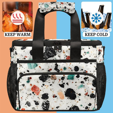 Insulated Go-To Picnic Backpack Lunch Box In Stone Marble, Large 12x8.7x10 Inch Tote, with keep warm and keep cold icons.