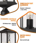 Outdoor Dusk to Dawn Post Light features sand black cast aluminum, standard lightbulb socket, and water ribble glass.