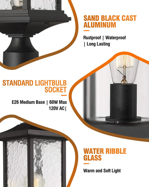 Outdoor Dusk to Dawn Post Light features sand black cast aluminum, standard lightbulb socket, and water ribble glass.