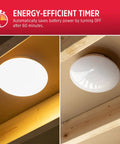 Cordless LED Ceiling Light With Wireless Remote Control 300 Lumens Of Diffused Bright White Light No Wiring Needed Energy Efficient Fixture For Closets Laundry Rooms Garages Sheds And More shown in installed view on ceiling