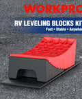 Heavy Duty Nine Piece Rv Leveling Blocks Kit Rated Eight Thousand Pounds For Camper And Travel Trailer Stabilizers showcasing a red and black leveling block.