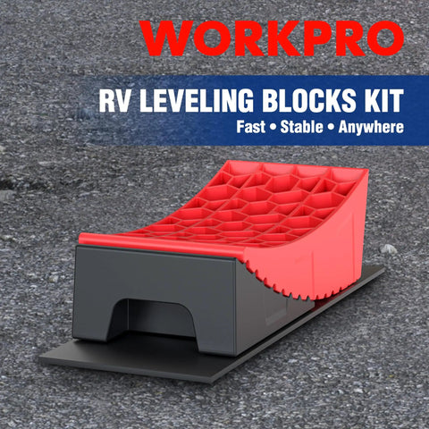 Heavy Duty Nine Piece Rv Leveling Blocks Kit Rated Eight Thousand Pounds For Camper And Travel Trailer Stabilizers showcasing a red and black leveling block.