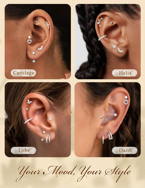Hypoallergenic Flat Back Stud Earrings Set For Women All In One 14K Gold Plated Surgical Steel Silver Finish Includes 6 Stud Pairs...