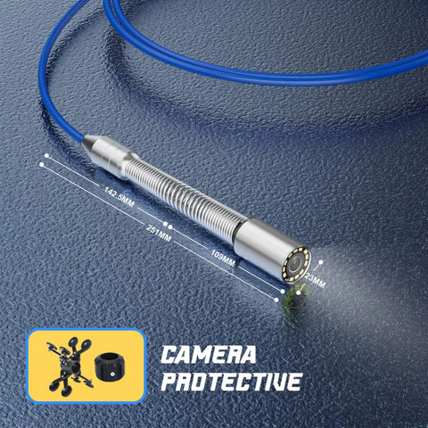 Close-up of 23mm probe with blue cable, part of the heavy duty 30 meter pipeline inspection camera.
