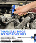 Using T-handle screwdriver from 62 Piece Home Tool Set With Storage Toolbox Handy Diy Ready Kit For Home Garage Apartment And Dorm.