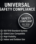 Universal safety compliance badge with ISO 7010 standard, OSHA compatibility, high visibility for indoor and outdoor use.