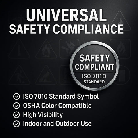 Universal safety compliance badge with ISO 7010 standard, OSHA compatibility, high visibility for indoor and outdoor use.