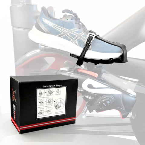 Pedal Cages For All Exercise Bikes With Stainless Hardware And Tool Free Sneaker Switching Peloton Compatible shown with box