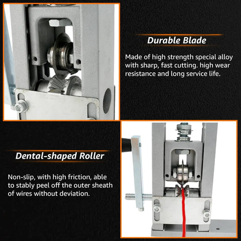 Close-up of durable blade and dental-shaped roller on Manual Wire Stripper Machine For Scrap Cables, Aluminum Alloy Hand Crank Wire Peeler.