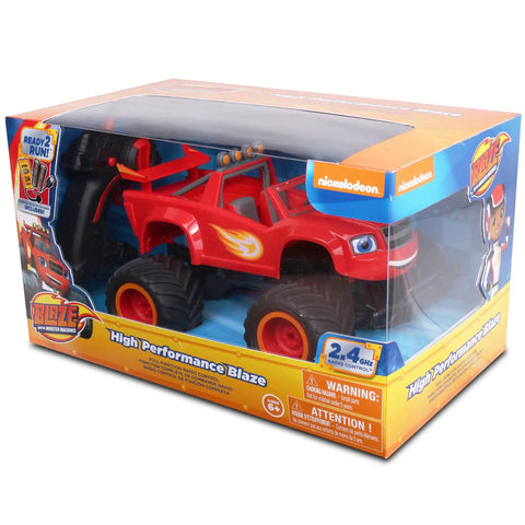 Boxed Blaze And The Monster Machines RC Monster Truck Toy For Kids with 2.4 GHz tech displayed through clear packaging