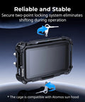 Monitor Cage Kit For Atomos Ninja TX And TX GO with locking system, showing two-point locking screws and sun hood compatibility.