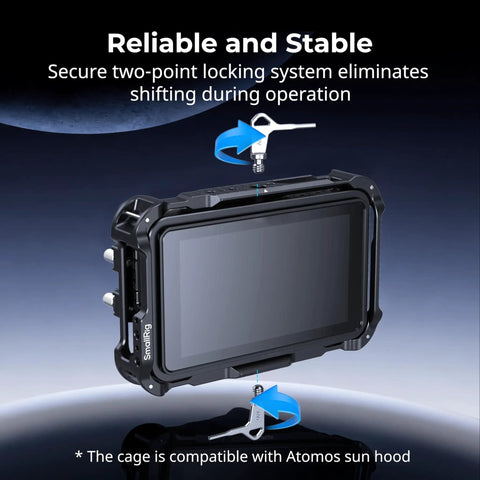 Monitor Cage Kit For Atomos Ninja TX And TX GO with locking system, showing two-point locking screws and sun hood compatibility.