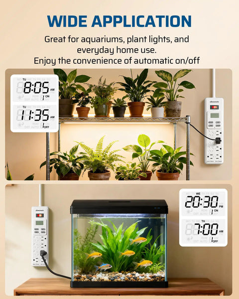 8-Outlet Power Strip With Timer And Auto On Off For Reptile Lighting in use with aquariums and plant lights, digital timer display