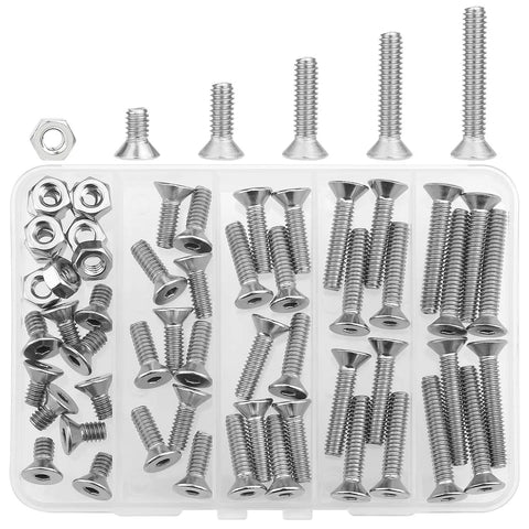 56-Piece 1/4-20 Countersunk Socket Head Cap Screws and Hex Nuts Kit, 304 Stainless Steel fasteners arranged in a storage box.