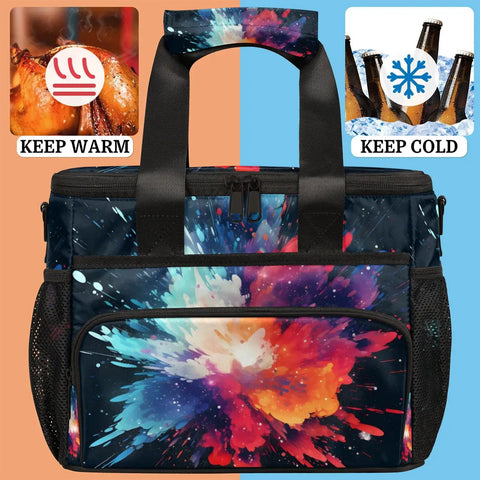 Colorful Starry Sky Insulated Picnic Backpack Lunch Bag, Portable Tote for Picnic, Beach, Work, Travel, and Camp, Large 12x8.7x10in Capacity Keeps Food Fresh with Thick Insulation and Easy Grab Handles showing warm and cold symbols