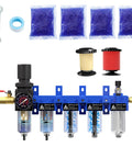 All In One Heavy Duty 1/4 Inch NPT Five Stage Air Filter Regulator Lubricator Combo With Water Separator And Coalescing 0.01 Micron Cartridge Plus Five Micron Pre Filter Dual Desiccant Dryers Blue with accessories