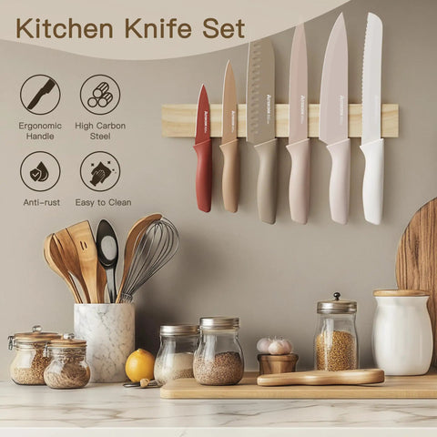 Workhorse 13 Piece Kitchen Knife Set With Anti Rust Coating Keeps Blades Sharp Dishwasher Safe Stainless Steel on wall rack.
