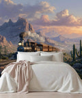 Steam Train Wall Mural Peel And Stick Vintage Locomotive Wall Art Removable Waterproof Self Adhesive Wallpaper For Living Room And Bedroom 197 By 120 Inches Old School Retro Western Wilderness Desert Scene. Image of a vintage train in a desert landscape behind a bed.