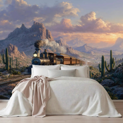 Steam Train Wall Mural Peel And Stick Vintage Locomotive Wall Art Removable Waterproof Self Adhesive Wallpaper For Living Room And Bedroom 197 By 120 Inches Old School Retro Western Wilderness Desert Scene. Image of a vintage train in a desert landscape behind a bed.