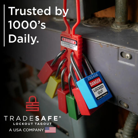 Several lockout tagout padlocks securing machinery, showcasing Tradesafe LOTO safety locks with various colors and danger tags.