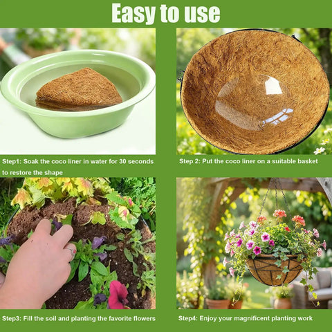 2 Pack 16 Inch Round Coco Liners For Hanging Baskets And Plant Pots Natural Coconut Fiber Liners For Outdoor Gardens Breathable Coir Liners That Retain Water Like A Pro For Healthy Roots And Happy Plants in use, including soaking, placing, planting, and hanging.