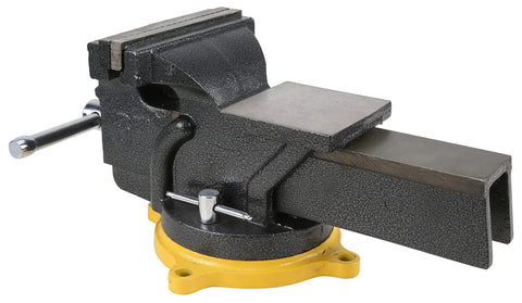 Heavy Duty 6 Inch Swivel Base Bench Vise One Hand Quick Release Tool Clamp with polished anvil, side view showcasing durable design.