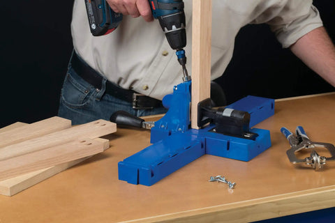 Beast Mode Benchtop Pocket Hole Jig With Slick Toggle Clamp And No Sweat Ratcheting Adjustment For Heavy Duty Woodworking DIY Projects in use.