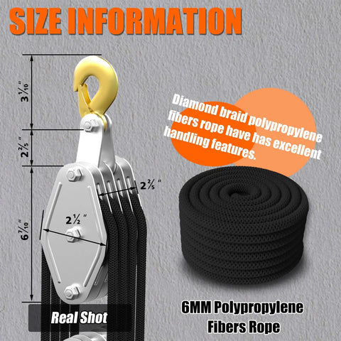 Diagram of Beefed-Up 4400Lb Rope Hoist Pulley System With 8:1 Lift Ratio and 65Ft Line showing size and polypropylene rope.