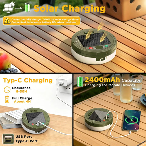 Retractable 33ft Solar Camping String Lights 4 In 1 Lantern with USB and solar charging on wooden table.