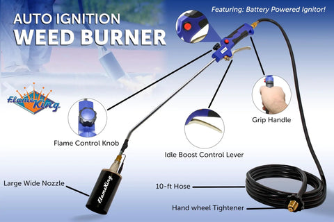 Heavy Duty Propane Torch Kit 340000 BTU With Self Igniting Battery Operated Igniter And 10 Feet Hose Regulator Assembly displayed.