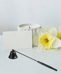 Long Reach Candle Snuffer Extinguisher Tool With Swivel Bell For Deep Jar Candles, 9.8 Inch Handle next to white candle
