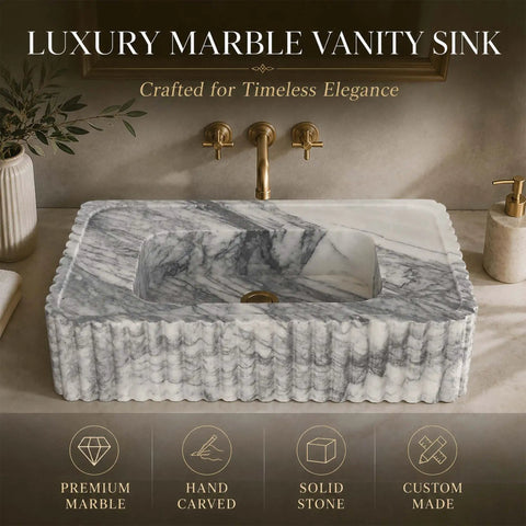 Calacatta Viola Marble Fluted Sink, Natural Stone Wall Mounted Washbasin with hand-carved details and unique texture.