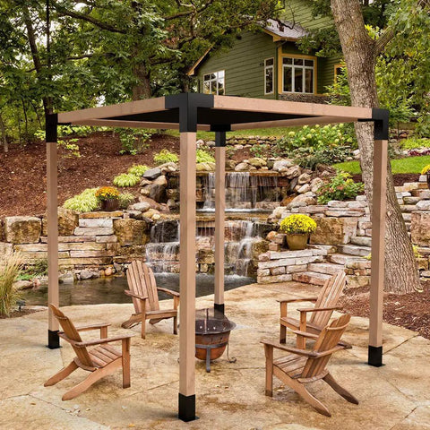 Outdoor setup of Modular Pergola Kit With Easy DIY Hardware And Elevated Wood Stand No Brainer Setup Powder Coated Steel Brackets In Silver Gray
