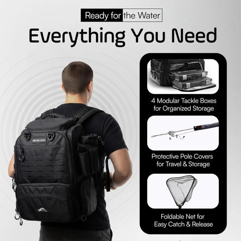 Man wearing Waterproof Fishing Backpack With Tackle Boxes Rod Holder And Foldable Net 40L Tackle Bag With Trays Included