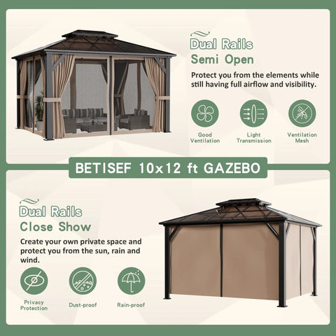 10x12 Ft Hardtop Gazebo With Aluminum Frame And Polycarbonate Roof, Permanent Outdoor Pavilion With Curtains And Netting