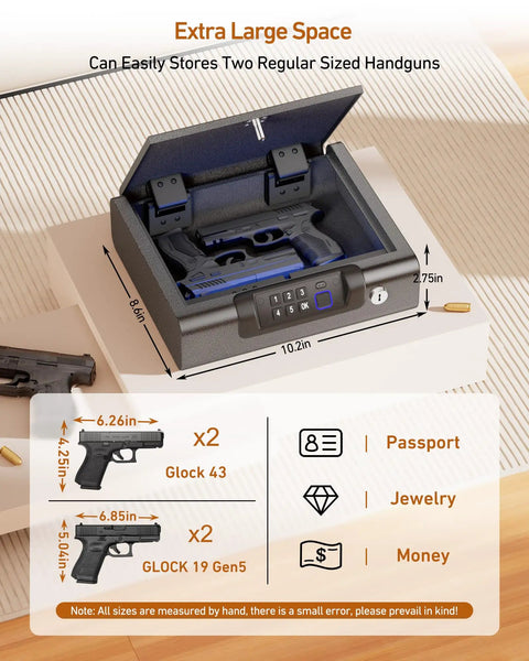Portable Biometric Gun Safe With LED Light And Silent Mode, Electronic Lock Box for Pistols and Valuables, open with pistols inside