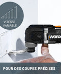 20V Cordless Multi Tool With Variable Speed And Adjustable Angles cutting through wall material with precision.