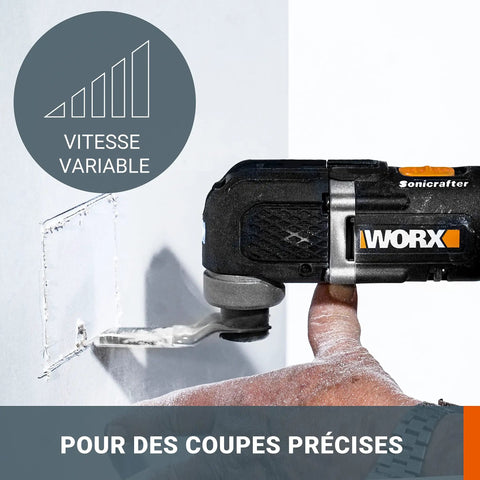 20V Cordless Multi Tool With Variable Speed And Adjustable Angles cutting through wall material with precision.