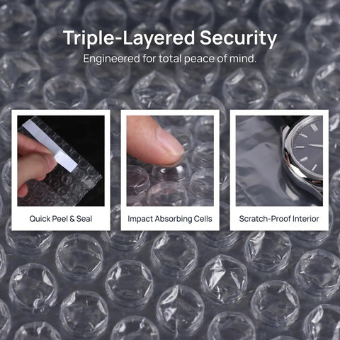 Self Adhesive Bubble Cushioning Bags For Shipping Fragile Items And Cosmetics showing triple-layered security features.