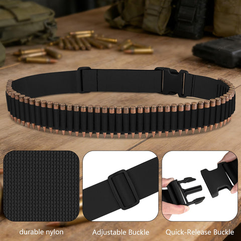 Adjustable 50 Round Rifle Shell Holder Sling For Rifles with quick-release buckle, durable nylon, close-up on table