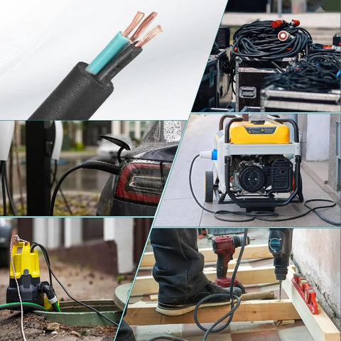 Top Shelf Heavy Duty Electrical Wire Cable Crafted From Pure Oxygen Free Copper Tough As Nails For Stage Lighting And Machinery Jobs Bulletproof Flexibility In Tough Conditions UL Listed Power Cord with exposed copper and connectors.