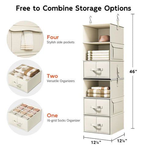 Heavy Duty Hanging Closet Organizer With Six Shelves And Three Zippered Drawers To Straight Up Upgrade Your Messy Wardrobe Storage Setup In Classic Beige Finish