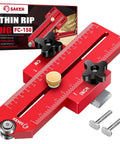 Front view of Saker Thin Rip Jig red metal table saw guide with ruler scales and black knobs for narrow strip cuts