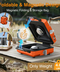 Kickass Two Burner Propane Camping Stove With Windproof Shield Portable Folding Gas Burner Road Trip Ready Cookout Setup shown open with magnetic design and handle.