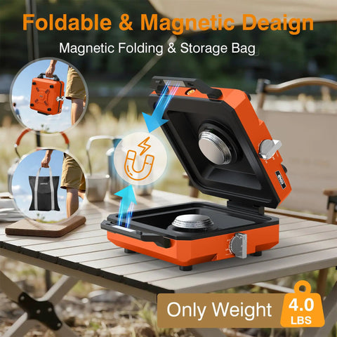 Kickass Two Burner Propane Camping Stove With Windproof Shield Portable Folding Gas Burner Road Trip Ready Cookout Setup shown open with magnetic design and handle.