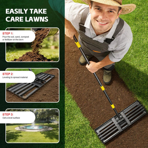 Man using Heavy Duty Lawn Leveling Rake With A 30 Inch By 10 Inch Wide Blade And A 6 Ft Adjustable Handle For Soil Dirt Sand And Compost