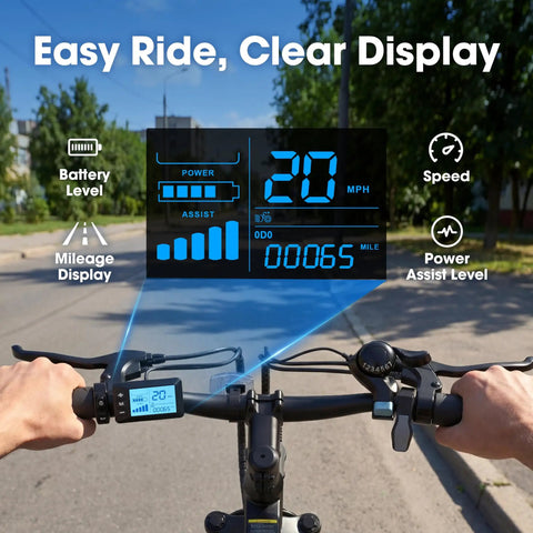 All Terrain Electric Mountain Bike With 1000W Peak Power, 20 mph Top Speed, 70 Mile Range digital display on e-bike handlebars